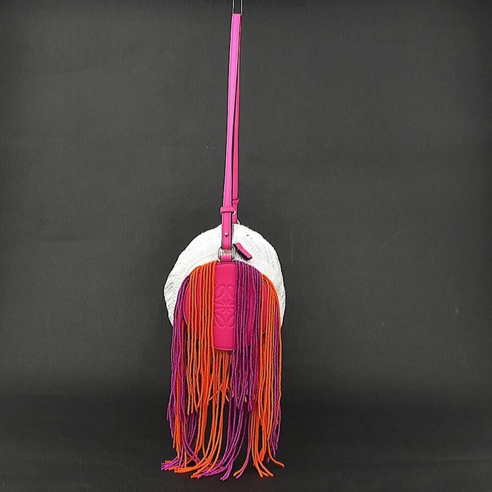 Loewe Shoulder Bag Beaded Fringe Raffia Leather White Pink Purple Orange - Picture 2 of 5